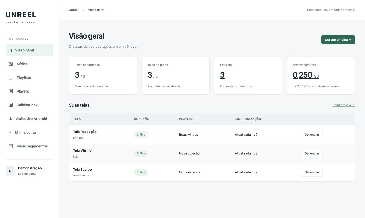 Painel do projeto com visão geral, armazenamento, playlists e status das telas, preenchido com dados demonstrativos